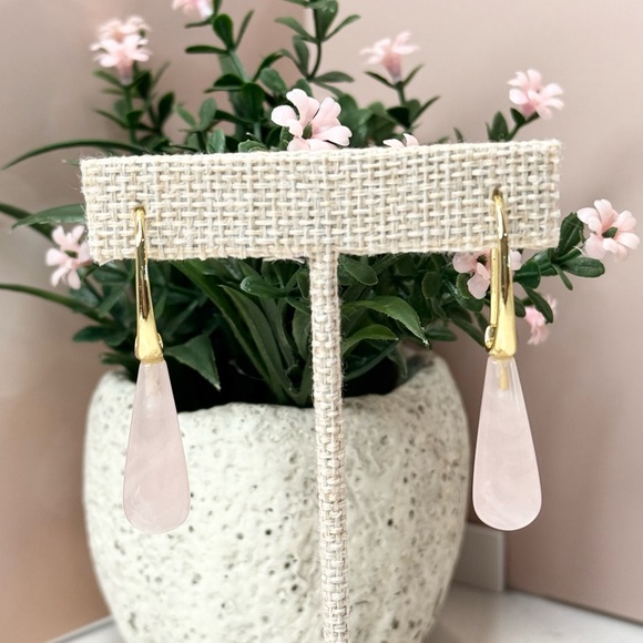 14K Gold Plated Genuine Rose Quartz Teardrop Earrings - Picture 3 of 5